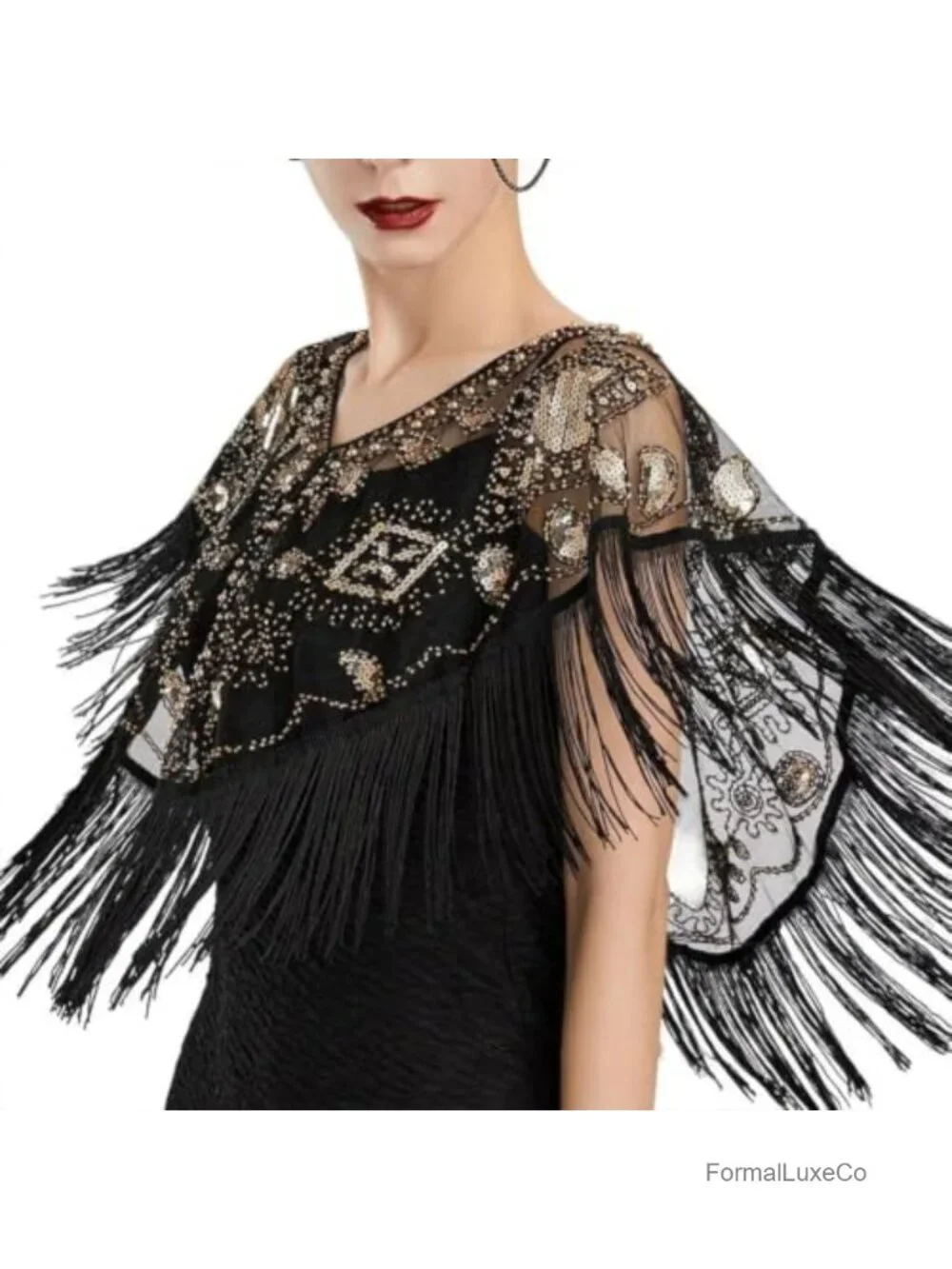 1920s Sequin Beaded Flapper Evening Shawl Wrap Short Capelet Cover Up